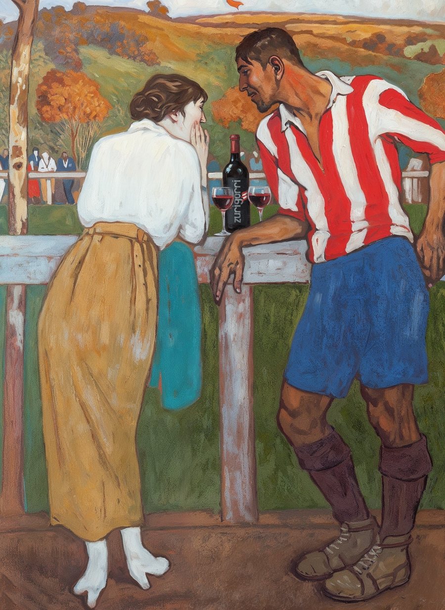 Recreación del cuadro con una botella de vino y dos copas en la valla