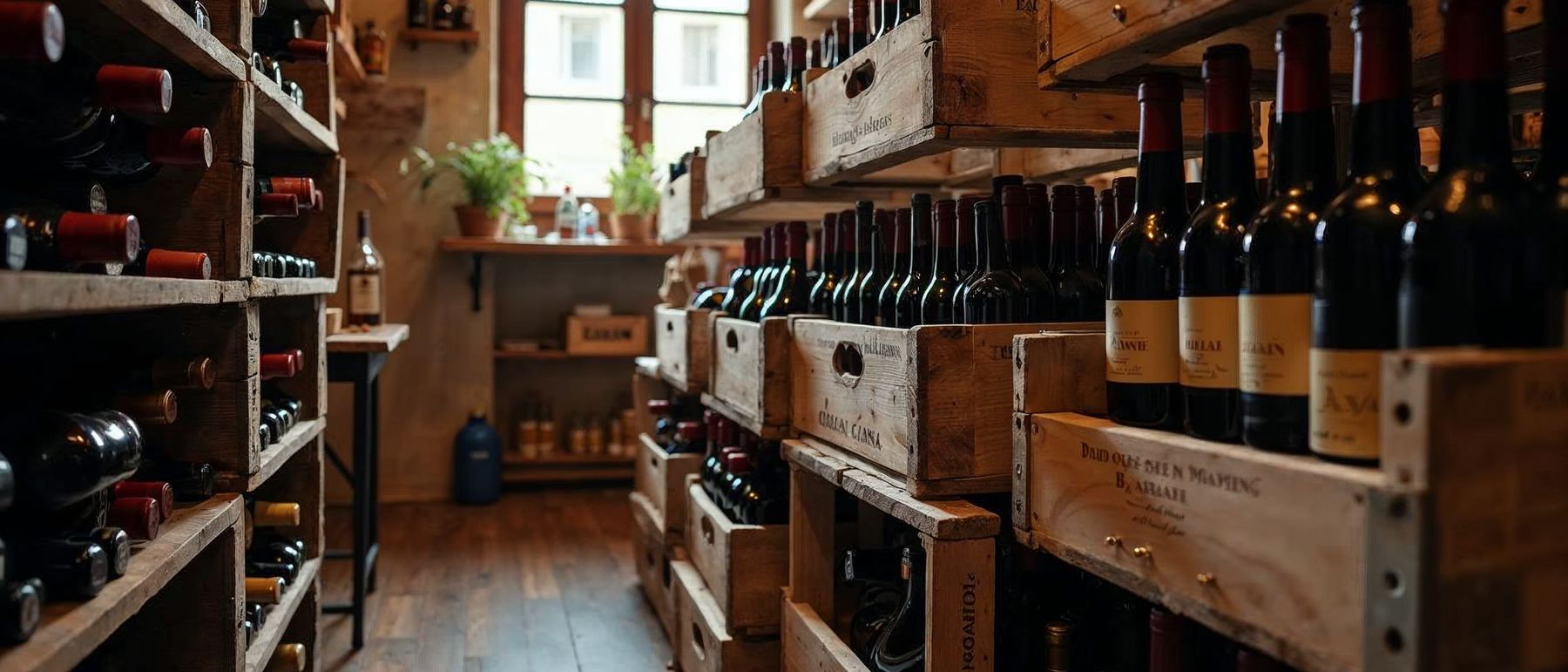 Cajas de vino de madera en un almacén