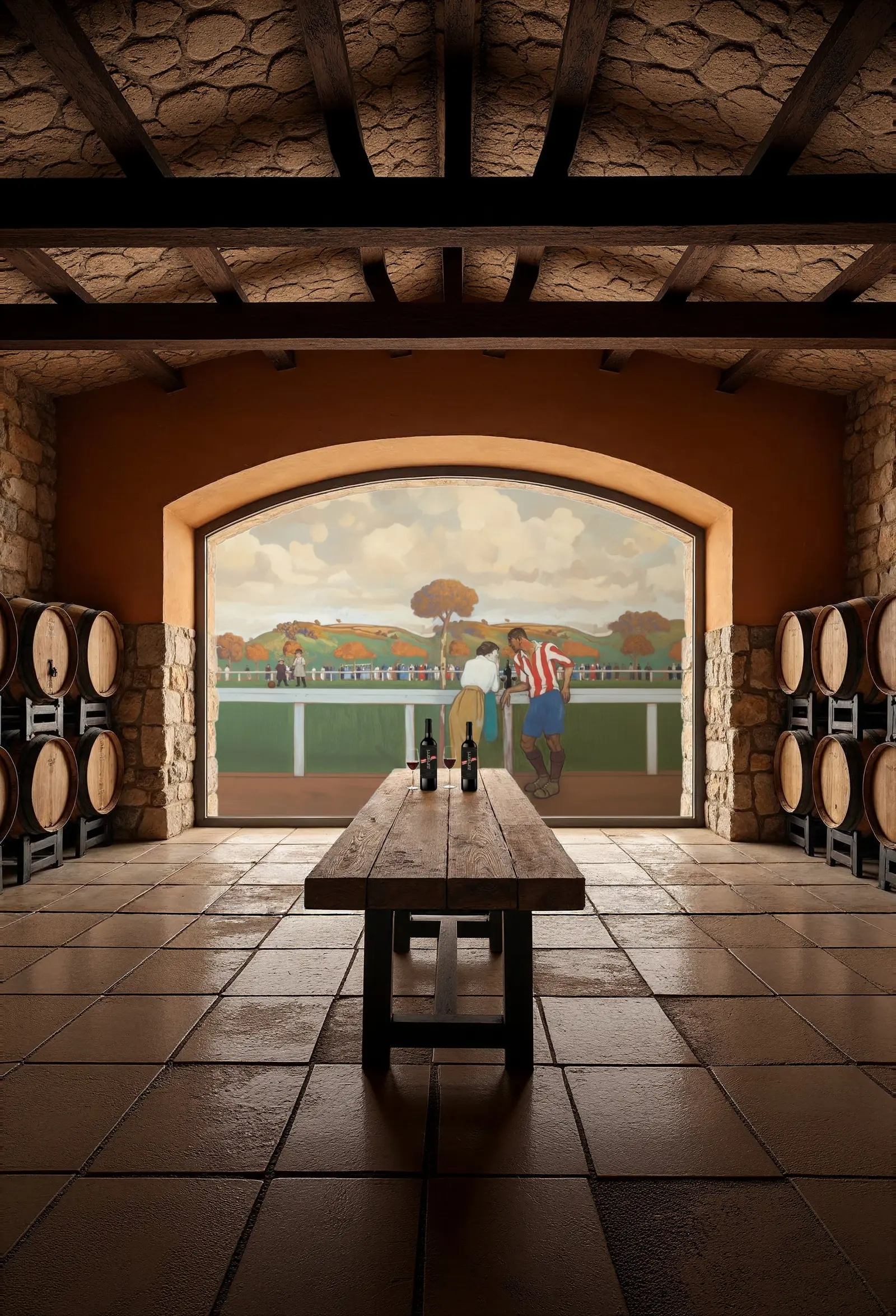 La bodega: muros de piedra, barricas y una ventana enorme que da al campo