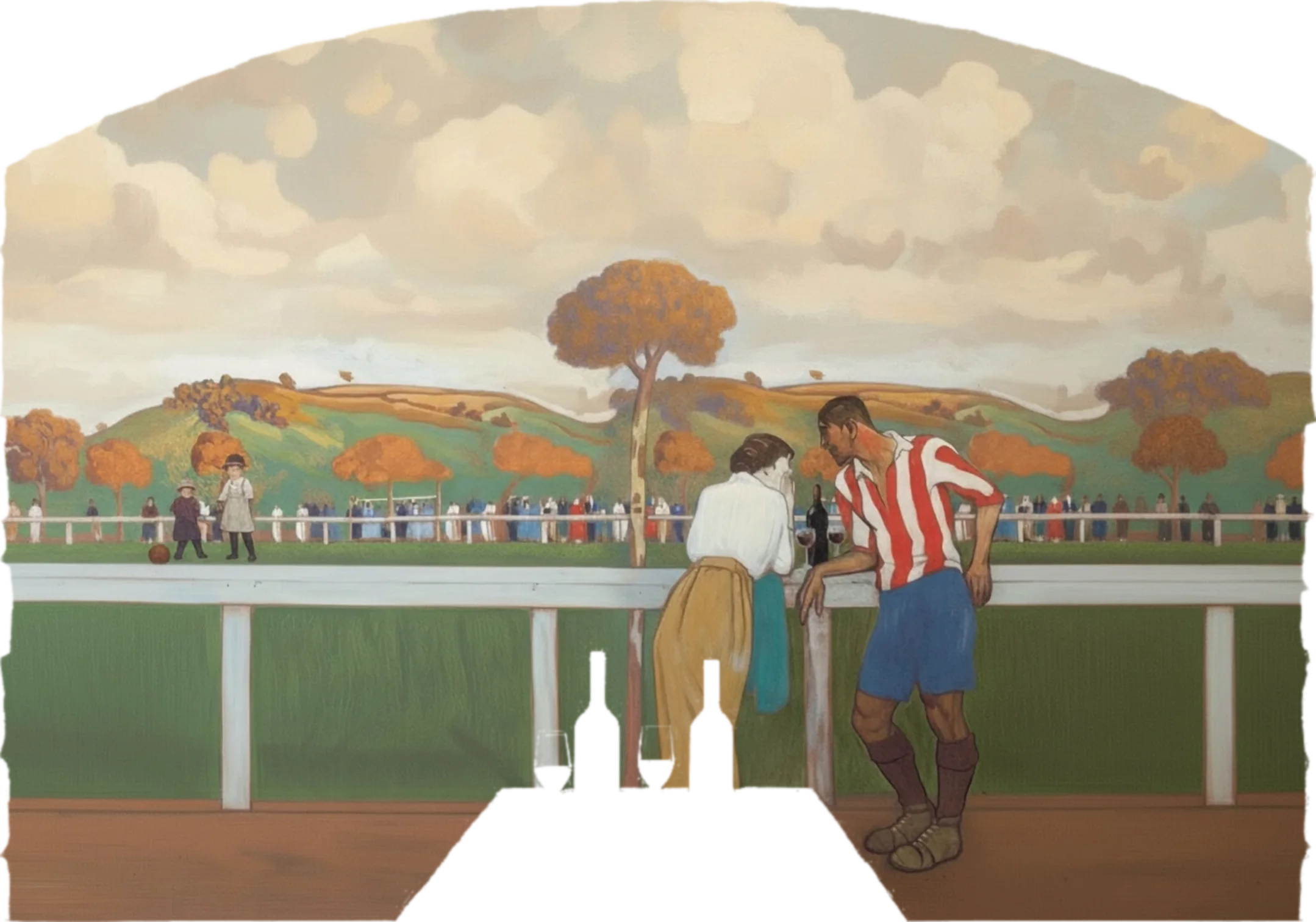 Por la ventana de la bodega se ve, a lo lejos, un futbolista con camiseta rojiblanca que habla con una chica junto a la valla del campo, con una botella de vino y dos copas; al fondo juegan tres niños